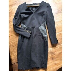 Banana Republic SHEATH DRESS Women 4 Black Faux Leather  V NECK OFFICE SIREN